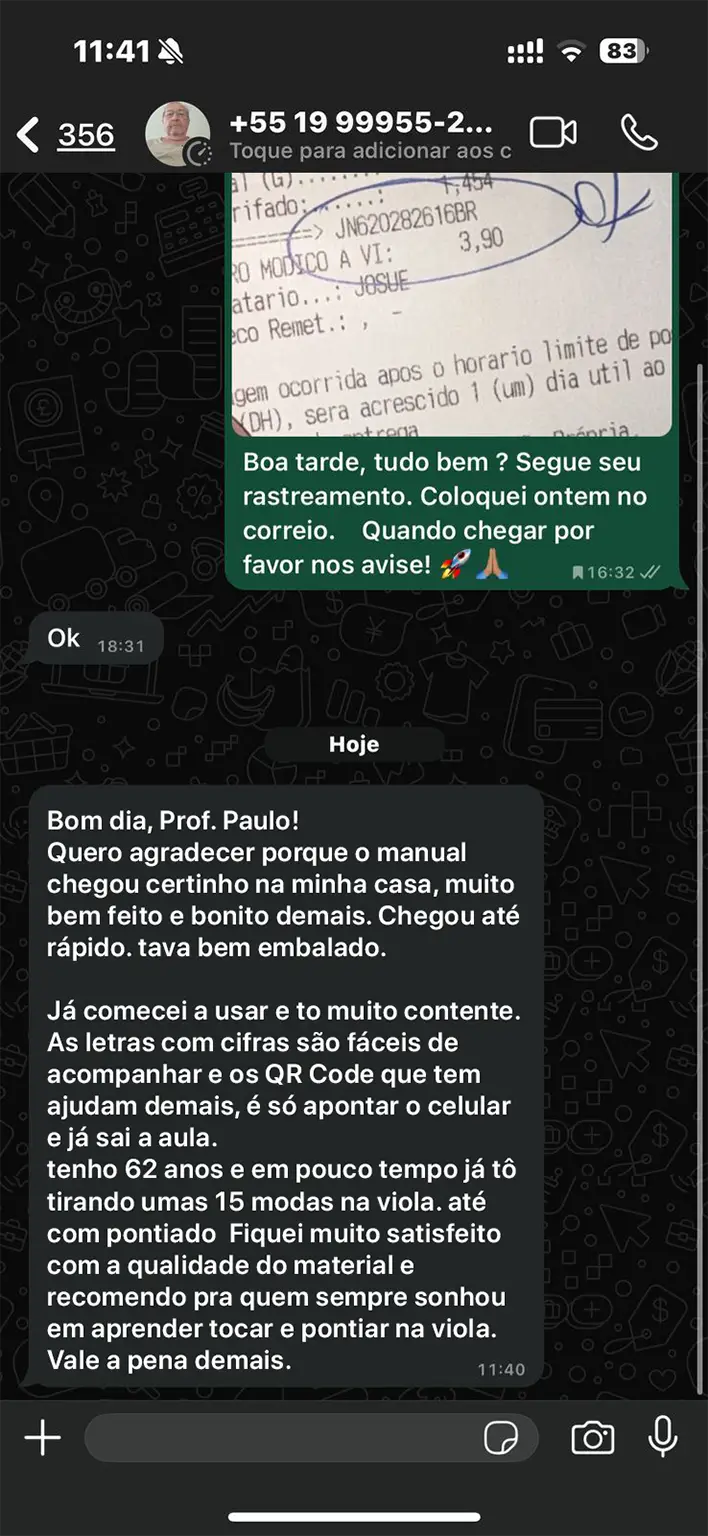 Depoimento WhatsApp — Josué, 62 anos tocando viola caipira