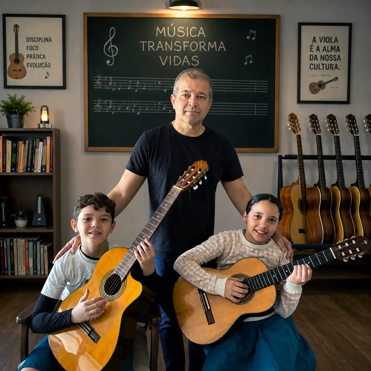 Professor Paulo Tavares com a família e a viola caipira